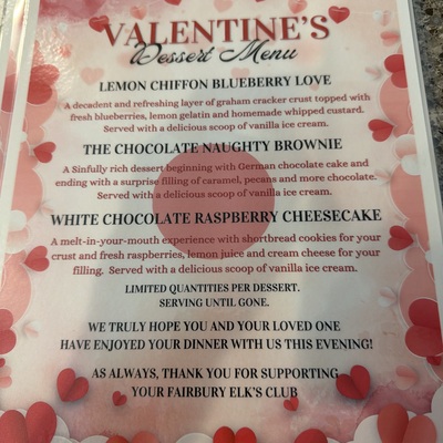 Sweetheart Dinner Dessert Menu